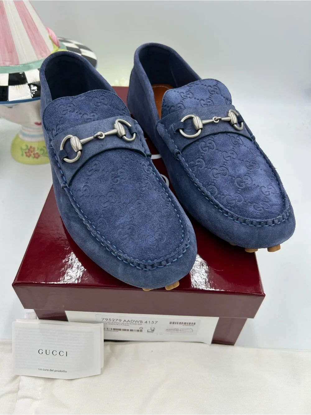 Men's Gucci blue suede GG embossed driver loafers size 12 fits 12.5 US - Picture 1 of 9